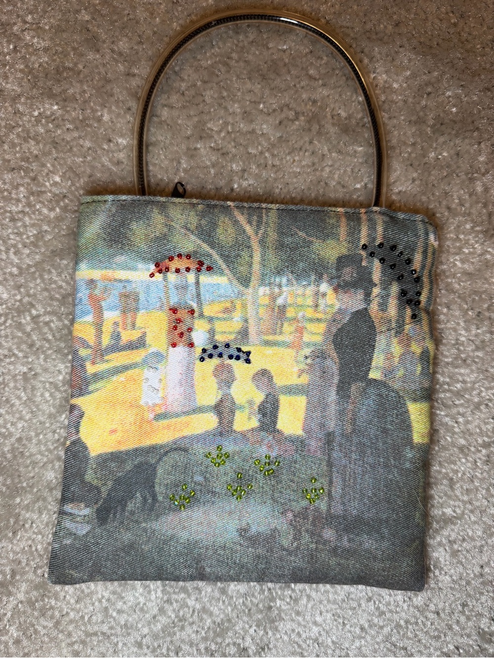 Rare Vintage Y2K Art Print Mini Bag Beaded Seurat La Grande Jatte Clear Handle